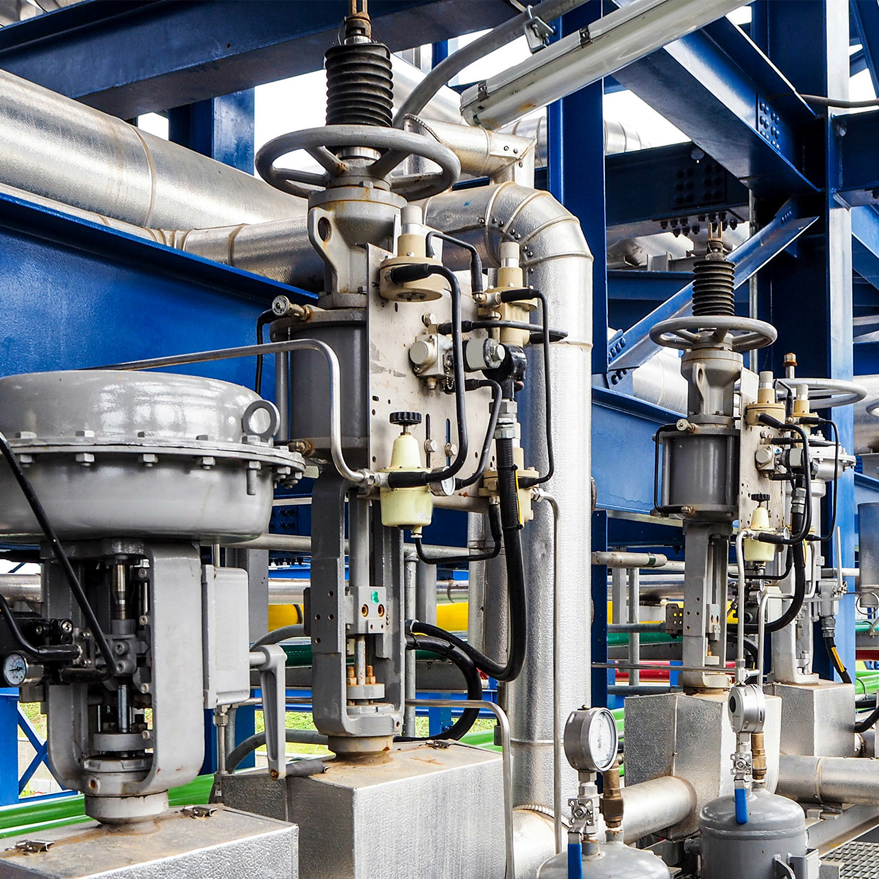 Industrial process piping system with valves and actuators.